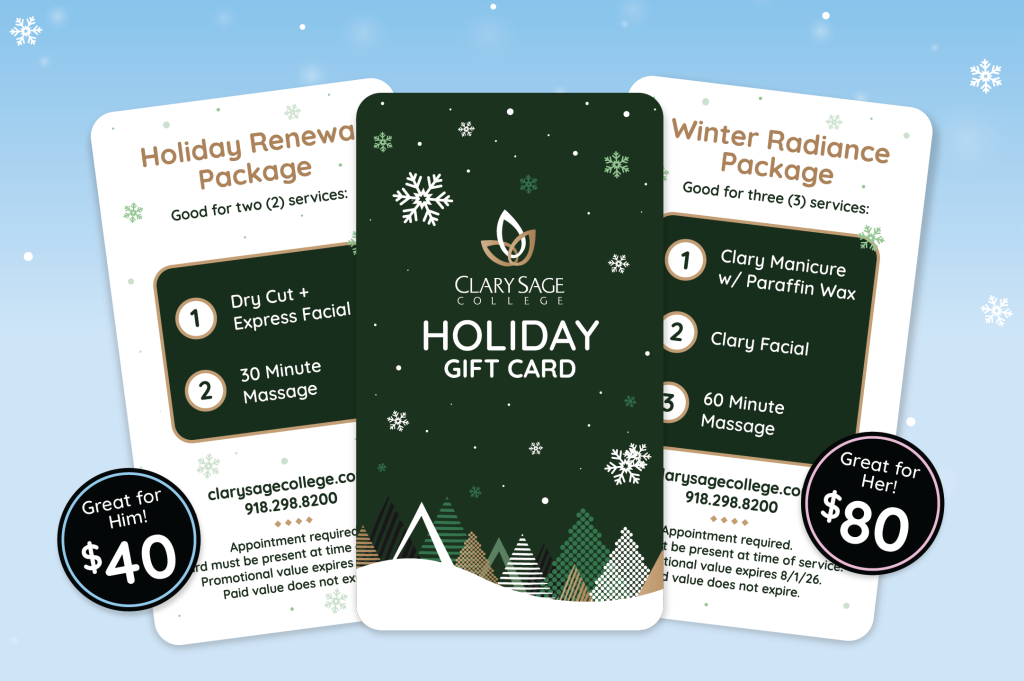 Holiday gift card flyer showing two service packages available at Clary Sage College for the 2025 season.