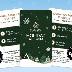 Holiday gift card flyer showing two service packages available at Clary Sage College for the 2025 season.