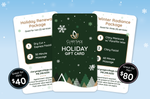 Holiday gift card flyer showing two service packages available at Clary Sage College for the 2025 season.