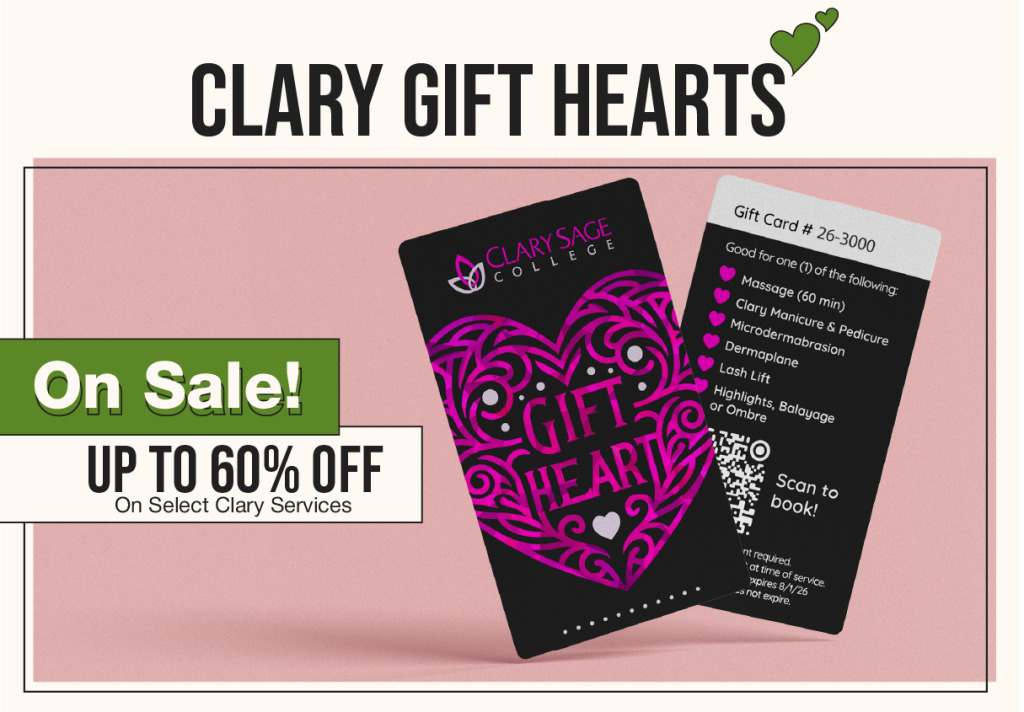 Clary Gift Hearts Valentine gift card promotion with up to 60% off select services